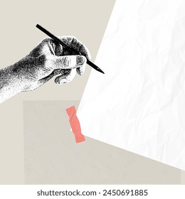 Vector illustration. Contemporary art collage. Male hand with pencil and blank paper. Creation of story. Making notes and sketches. Concept of art, creativity, imagination, fantasy expression, talent