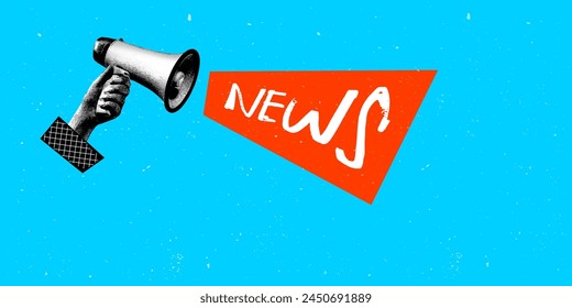 Vector illustration. Contemporary art collage. Female hand holding megaphone with news lettering isolated over blue background. Concept of creativity, mass media influence, information, news.