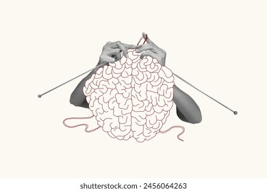 Vector illustration. Contemporary art collage. Human hands knitting brain. Growing psychological and emotional stability. Concept of psychology, inner world, mental health, feelings. Conceptual art