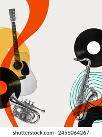 Vector illustration. Contemporary art collage. Musical instruments on light background with abstract design elements. Concept of music lifestyle, creativity, inspiration, imagination, ad.