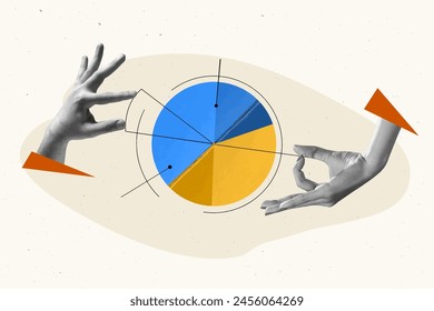 Ilustración vectorial. Collage de arte contemporáneo. Manos humanas sobre análisis, gráfico. División de finanzas. Concepto de negocio, éxito, crecimiento, trabajo en equipo, desarrollo profesional. Copiar espacio para anuncio