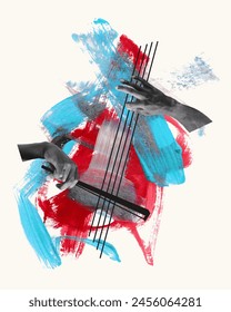 Vector illustration. Contemporary art collage. Male hands playing violin on light background with abstract design elements. Concept of music lifestyle, creativity, inspiration, imagination, ad.