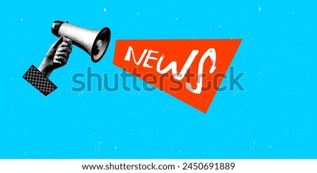Vector illustration. Contemporary art collage. Female hand holding megaphone with news lettering isolated over blue background. Concept of creativity, mass media influence, information, news.