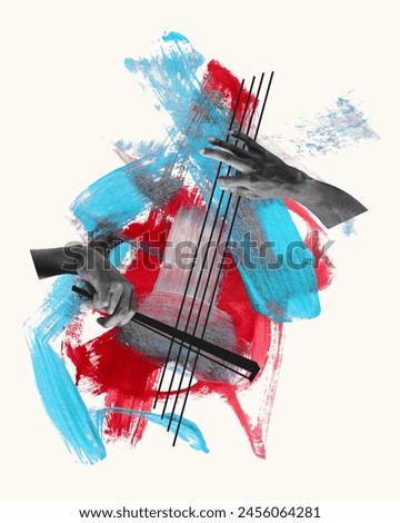 Vector illustration. Contemporary art collage. Male hands playing violin on light background with abstract design elements. Concept of music lifestyle, creativity, inspiration, imagination, ad.