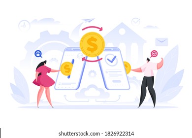 Vector illustration of contemporary cartoon female using smartphone to send money to male recipient while making finance transaction through Internet