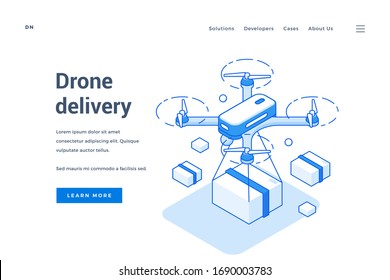 Vector illustration of contemporary drone delivering package near description and link button on advertisement banner for modern logistic service. Isometric web banner, landing page template