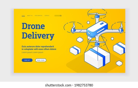 Ilustración vectorial de drones contemporáneos entregando paquete cerca de la descripción y botón de enlace en banner publicitario para servicio logístico moderno. Banner web isométrico, plantilla de página de inicio