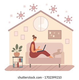 Vector illustration of contemporary female with dog sitting on sofa and doing remote project on laptop while staying home and being protected from coronavirus