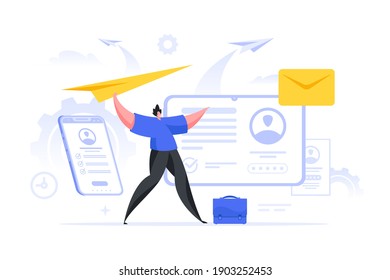 Vector illustration of contemporary guy with briefcase throwing paper plane while using online app on digital devices to send emails