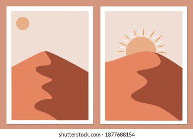 Vector illustration of contemporary landscape, hilly desert and sun. Aesthetic Abstract designs suitable for living room wall hangings, backgrounds, social media wallpapers, templates, book covers.