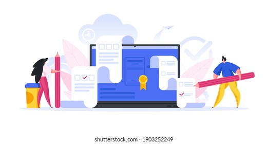 Vector illustration of contemporary man and woman with pencils reading and checking online lists while using laptop for electronic document management