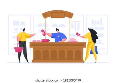 Vector illustration of contemporary man and woman buying sausage and meat from friendly seller during visit in supermarket on weekend