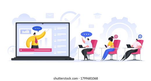 Vector illustration of contemporary men and women sitting at desks and listening to speaker while using digital gadgets to attend business conference online