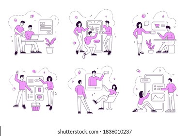 Vector illustration of contemporary men and women choosing and buying various goods in online stores while doing shopping on digital devices