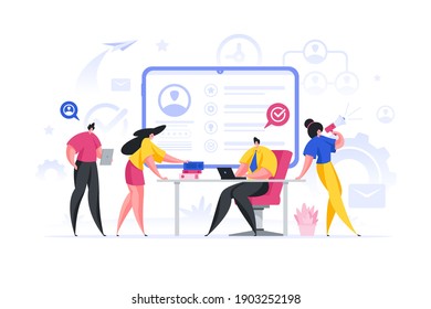 Vector illustration of contemporary men and women using devices and using megaphone to make announcement while running marketing campaign together