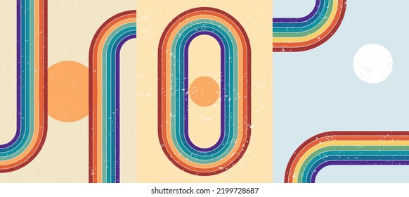 Vector illustration. Contemporary modern art. Abstract background set. Grunge texture. Colorful rainbow. Design elements for poster, book cover, magazine, postcard, layout. 60s, 70s retro graphic