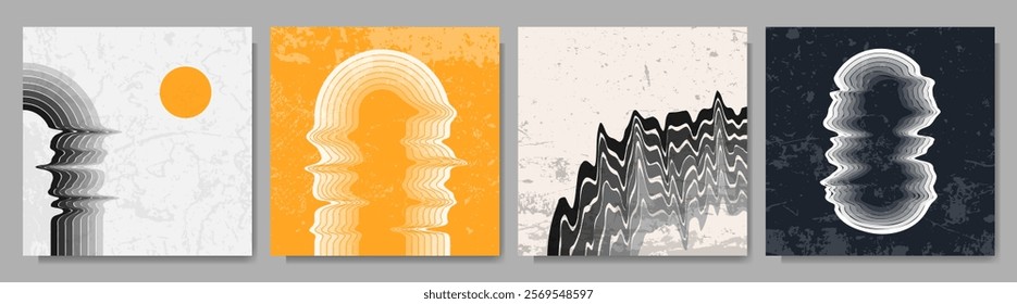 Vector illustration. Contemporary nordic style twisted rainbow. Design elements for social media, web banner, blog post. Retro old fashioned style background. Distorted boho arch. Wall art decor