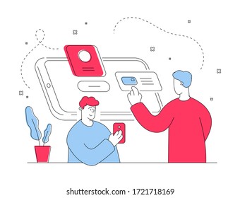 Imagen vectorial de hombres rojos y azules contemporáneos navegando en medios sociales y tiendas en línea en teléfonos inteligentes modernos mientras usan Internet en la vida cotidiana. Ilustración de estilo plano, diseño de arte en línea delgada