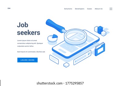 Vector illustration of contemporary smartphone with magnifying glass representing employment website and software on banner. Isometric web banner, landing page template