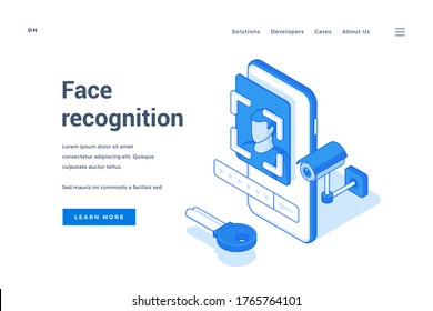 Vector Illustration Of Contemporary Smartphone With Modern Face Recognition Application And Password On Banner For Device Security Service Website. Isometric Web Banner, Landing Page Template