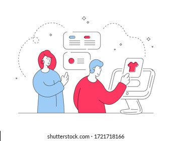 Vector illustration of contemporary woman helping man to read reviews and choose garment while browsing clothes shop website on modern computer. Flat style illustration, thin line art design