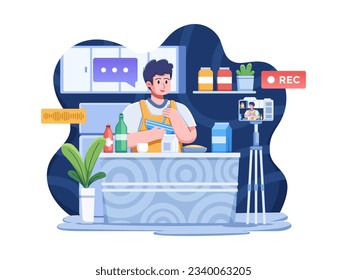 Vector illustration of content creator making video cooking content in the kitchen. the creator shares culinary secrets, recipes, and delightful food presentations with their engage online audience.