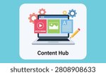 Vector Illustration of Content Hub Concept Featuring Laptop Screen with Multimedia Formats Video Image Article Gears and Pencil Icons
