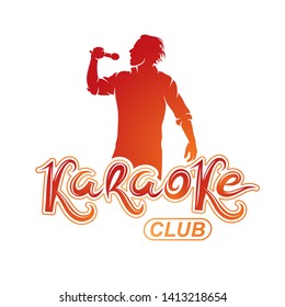 Vector illustration of content man singing, soloist holds a microphone in hand. Karaoke club, feel yourself famous superstar.