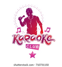 Vector illustration of content man singing, soloist holds a microphone in hand. Karaoke club, feel yourself famous superstar.