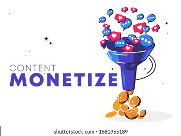 vector illustration of content monetize, funnel with social network icons, falling gold coins