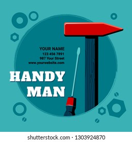 Vector illustration of the contents of a builder toolbox. Household tools arranged in a design composition. Tools of a handyman for business card, master class flyer, banner, web and print designs.