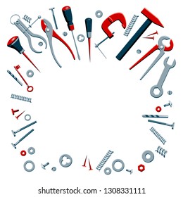 Vector illustration of the contents of a builder toolbox. Household tools arranged in a design composition. Tools of a handyman for business card, master class flyer, banner, web and print designs.