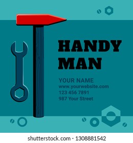 Vector illustration of the contents of a builder toolbox. Household tools arranged in a design composition. Tools of a handyman for business card, master class flyer, banner, web and print designs.