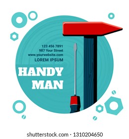 Vector illustration of the contents of a builder toolbox. Household tools arranged in a design composition. Tools of a handyman for business card, master class flyer, banner, web and print designs.