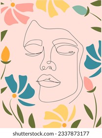 Vector illustration. Continuing line drawing. Woman's face and flowers, abstract poster. Art. Design for poster, banner, postcard.