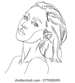 Ilustración vectorial. Línea negra continua, retrato de una chica con pelo recto corto, concepto de moda, minimalismo de mujeres hermosas, para camisetas, diseño gráfico de slogan, estilo cómic
