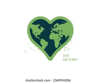 Vector illustration continuous drawing of the heart shaped world. Eco concept.