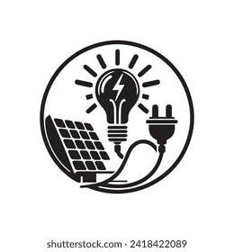 Vector illustration in continuous flow Solar energy is symbolized by a solar panel, plug, and lightbulb. Suitable for banners, slide shows, logos, and emblems. diagram using a template for a quote. Or