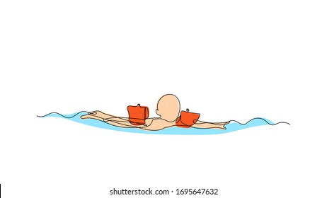 Vector illustration. Continuous line drawing swim little kid. Cute children one line sketch float in summer sea on white background. Color concept for greeting card, banner, poster, flyer