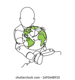 Vector illustration. Continuous line drawing little baby with Earth globe. Cute child one line sketch on white background. Concept for greeting card, banner, poster, flyer
