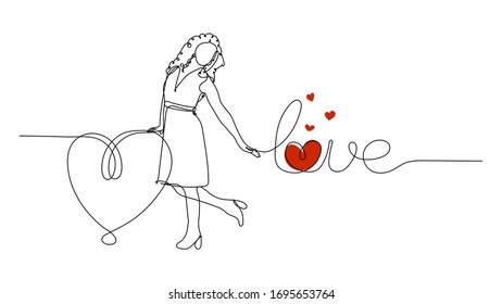 Vector illustration. Continuous line drawing beautiful woman with red heart and love font. Cute young girl one line sketch on white background. Concept for greeting card, banner, poster, flyer