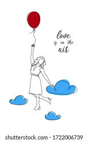 Vector illustration. Continuous line drawing beautiful woman with red air balloon and blue clouds. Cute young girl one line sketch on white background. Concept greeting card, banner, poster, flyer