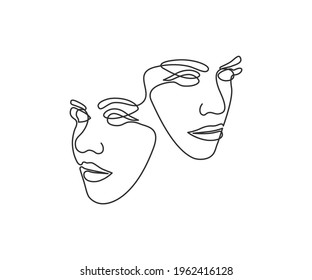 Vector illustration of continuous line drawing women faces.