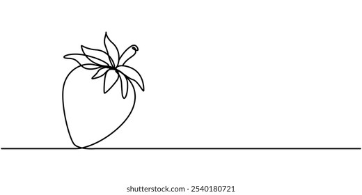 Vektorgrafik mit durchgehender Linienzeichnung Erdbeeren, einzelne durchgehende Linienzeichnung von Bio-Erdbeere für Obst-Symbol frische Beeren Fruchtkonzept, Eine durchgehende Linienzeichnung.