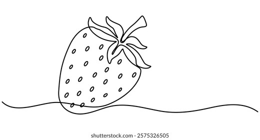 Vector illustration with continuous line drawing Strawberries, Single continuous line drawing of organic strawberry for fruit icon fresh berries fruitage concept, Organic Strawberry One Line Drawing. 