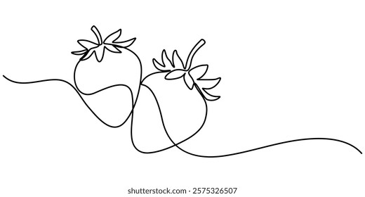 Vector illustration with continuous line drawing Strawberries, Single continuous line drawing of organic strawberry for fruit icon fresh berries fruitage concept, Organic Strawberry One Line Drawing. 