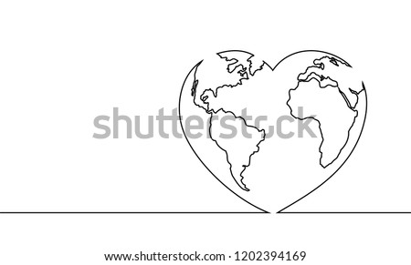 Vector illustration of the continuous line drawing of the heart and world. The world of love. The happy world day.