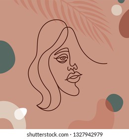 Vector illustration in continuous line style - minimalistic female portrait - abstract concept for t-shirt print, beauty blogs and posts