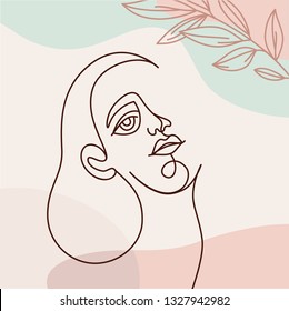 Vector illustration in continuous line style - minimalistic female portrait - abstract concept for t-shirt print, beauty blogs and posts