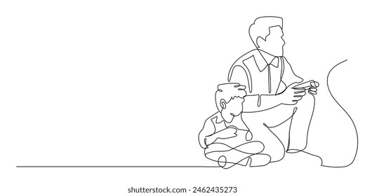 vector illustration in continuous line style of a father and son playing video games. White background.